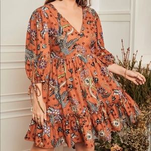 Orange Bird/Floral Print 3/4 Sleeve Dress NWOT, PLUS SIZE
